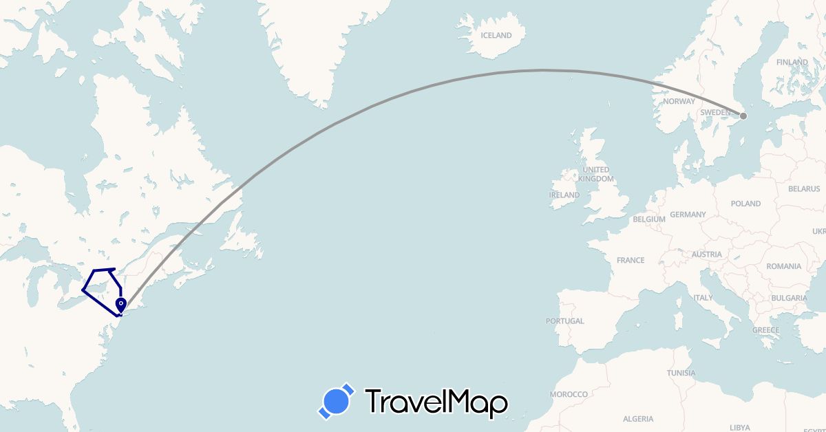 TravelMap itinerary: driving, plane in Canada, Sweden, United States (Europe, North America)